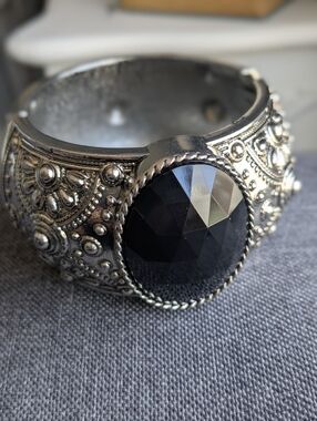 Boho Silver Tone and Black Clamper Statement Bracelet
